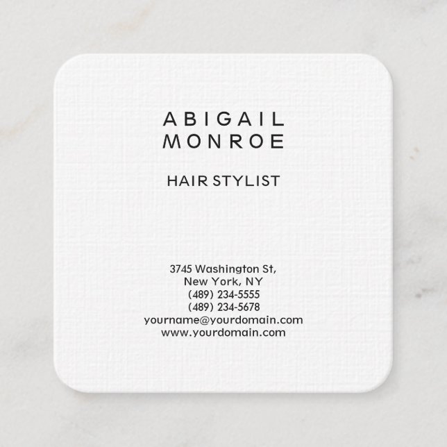 Linen Modern Minimalist Professional Plain White Square Business Card (Front)
