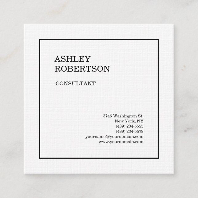 Linen Modern Plain Professional Minimalist White Square Business Card (Front)