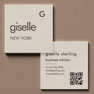 Linen Monogram QR Code Minimalist Square Business Card