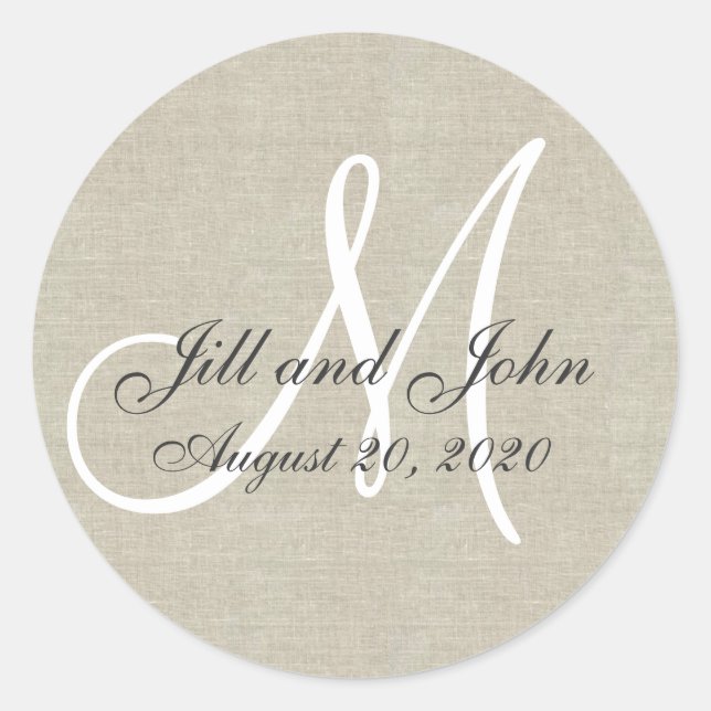 Linen Monogram Wedding Favor Sticker (Front)
