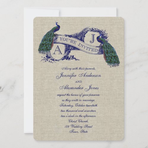 Linen Peacock Rustic Wedding Invitation