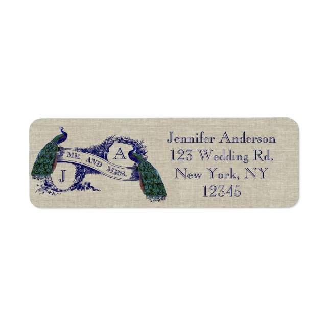 Linen Peacock Rustic Wedding Label (Front)
