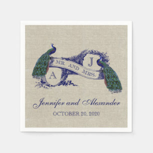 Linen Peacock Rustic Wedding Paper Napkins