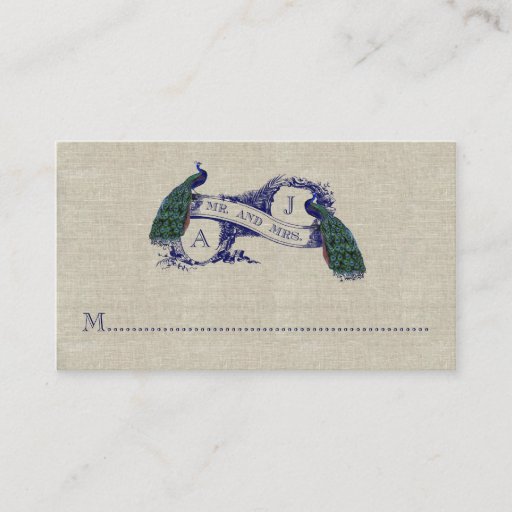 Customizable Linen Peacock Rustic Wedding Place Card Business Card