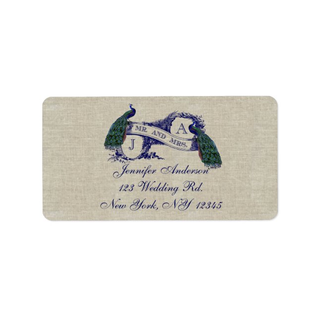 Linen Peacock Rustic Wedding RSVP Labels (Front)