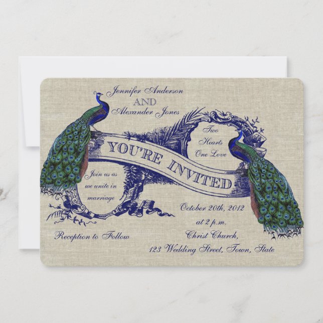Linen Peacocks Rustic Wedding Invitation (Front)