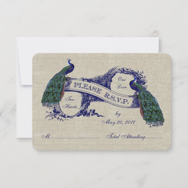 Linen Peacocks Rustic Wedding RSVP Cards (Front)