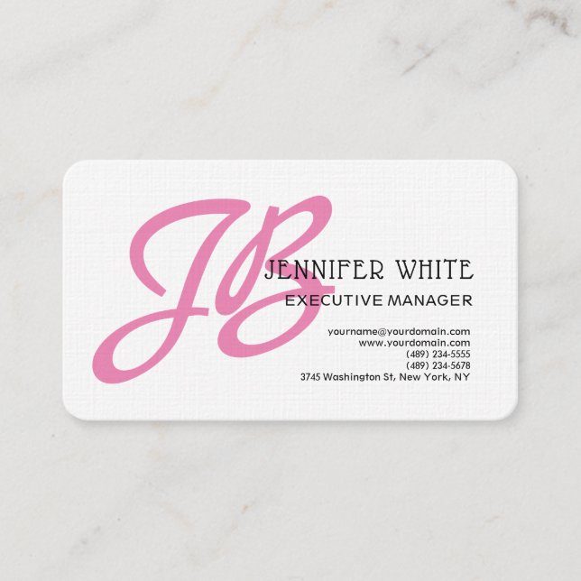 Linen Pink Monogram White Modern Feminine Business Card (Front)