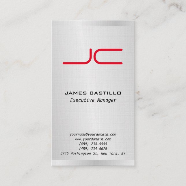 Linen Professional Modern Gray Red Monogram Business Card (Front)