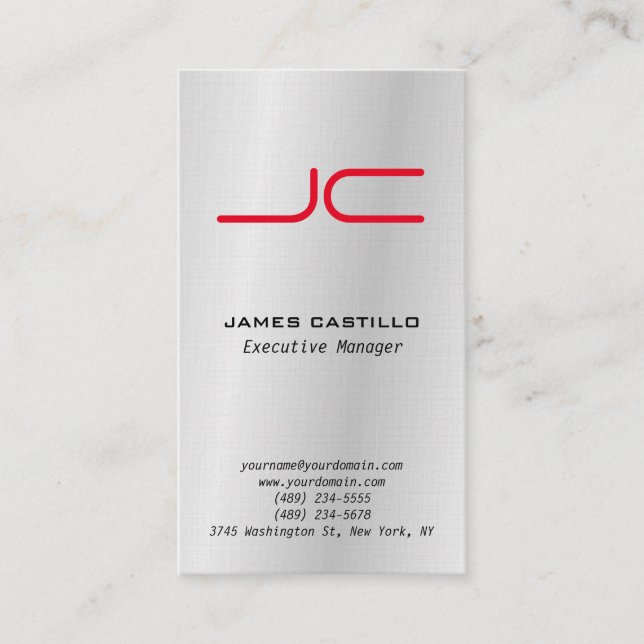 Linen Professional Modern Gray Red Monogram Business Card (Front)