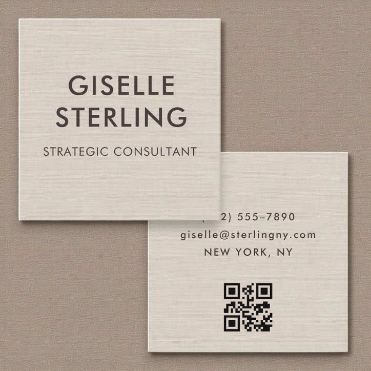 Linen QR Code Modern Minimal Typography Square Business Card