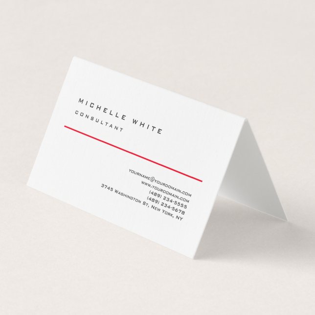 Linen Red White Classic Elegant Plain Professional Business Card (Front)