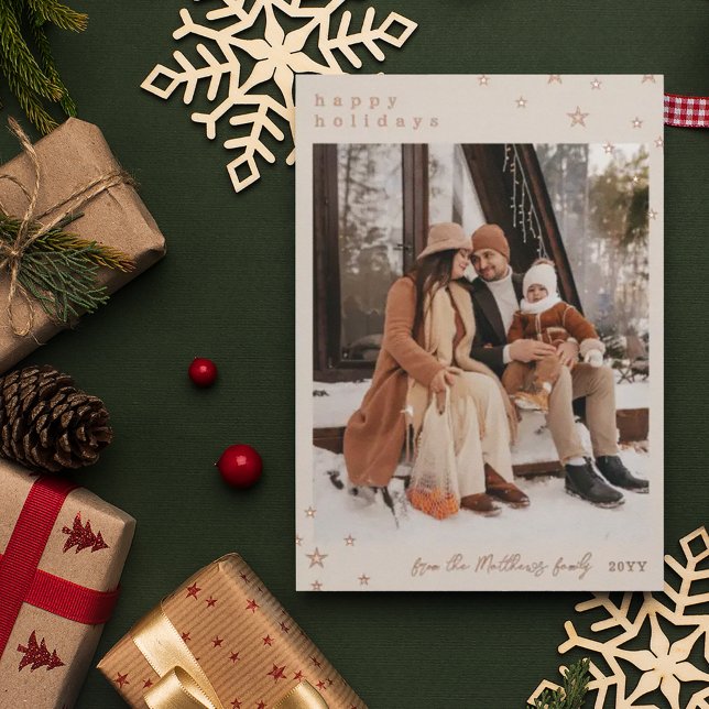 Linen Rose Gold Foil Stars Happy Holidays Photo Holiday Card (Creator Uploaded)