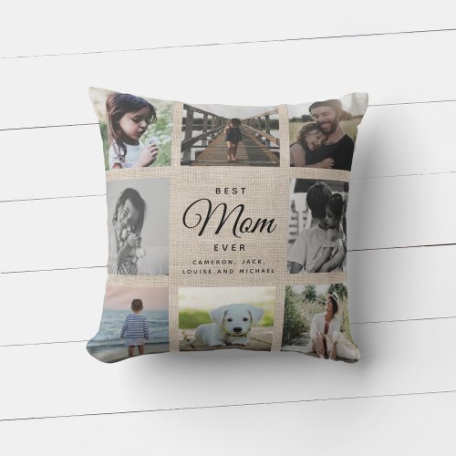 Linen Rustic Mothers Day Mom Family Photo Collage Throw Pillow