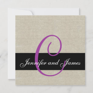 Linen Rustic Wedding Invitation Monogram Purple