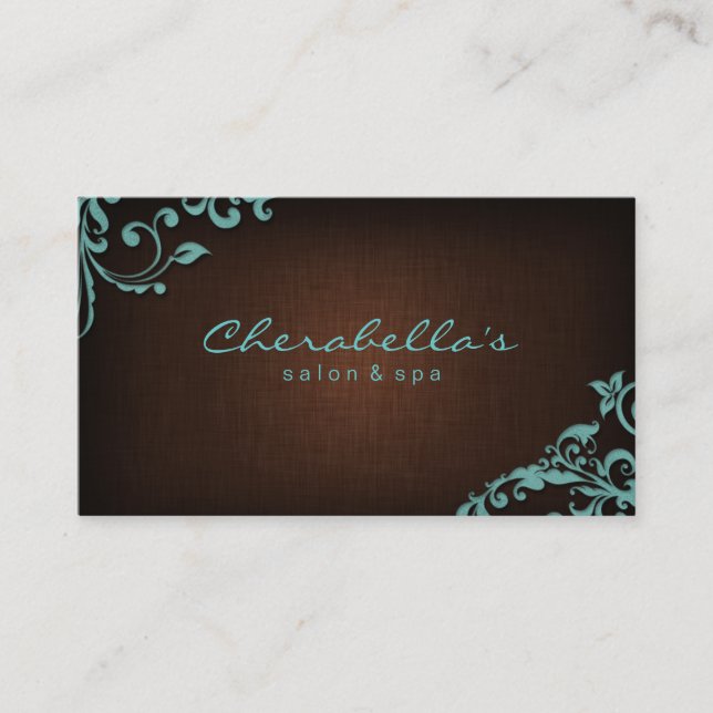 Linen Salon Spa Floral Business Card Brown Blue (Front)