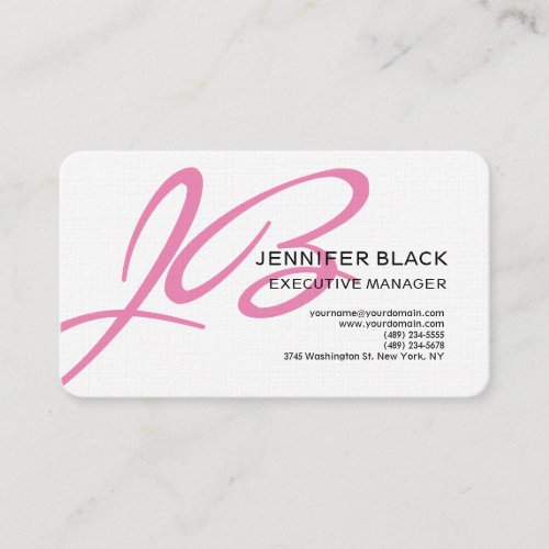 Linen Script Monogram Pink White Modern Plain Business Card