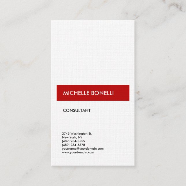 Linen Simple Plain Modern Minimalist Red White Business Card (Front)