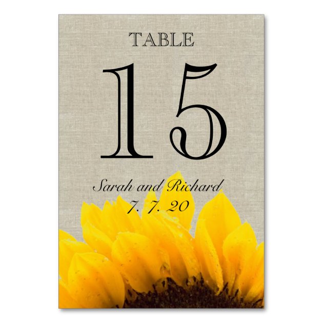 Linen Sunflower Rustic Wedding Table Number Card