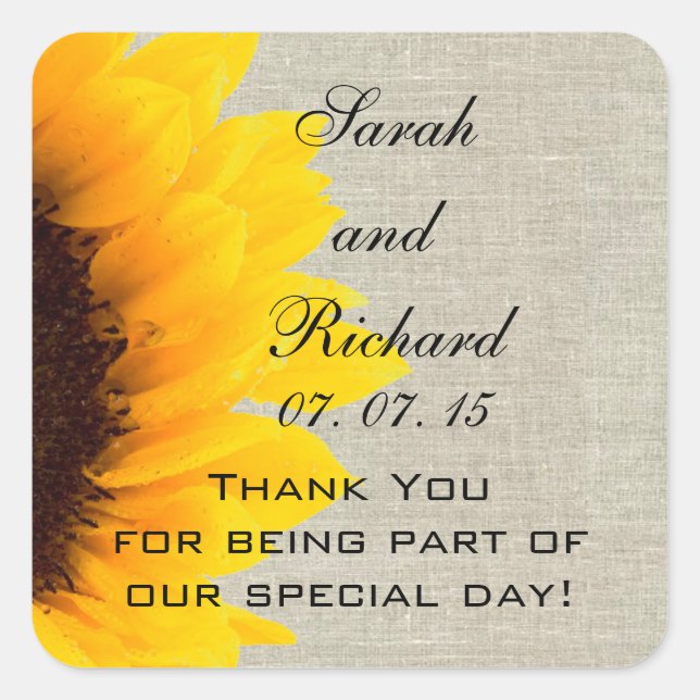 Linen Sunflower Thank You Wedding Favor Square Sticker (Front)
