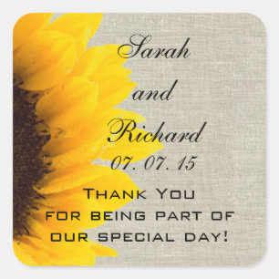 Linen Sunflower Thank You Wedding Favor Square Sticker