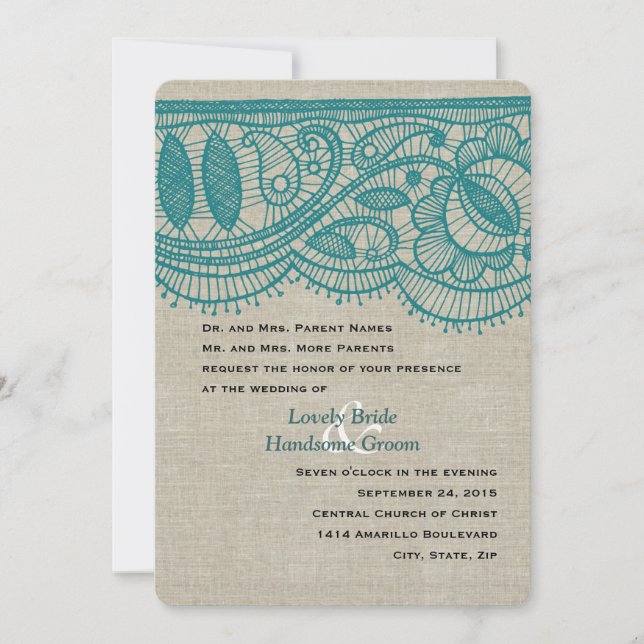Linen Teal Lace Vintage Modern Wedding Invitation (Front)