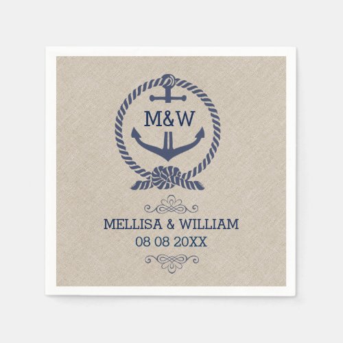 Linen Texture  Blue Boat Anchor Wedding Design Napkins