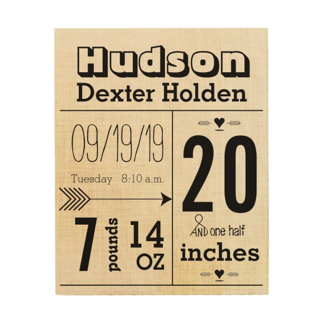 Linen Texture Gender Neutral Birth Record Wood Wall Decor (Front)