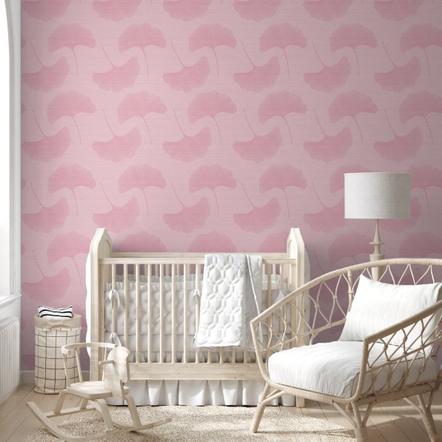 Linen Textured Pastel Pink & Rose Gingko Leaves Wallpaper (Kids)