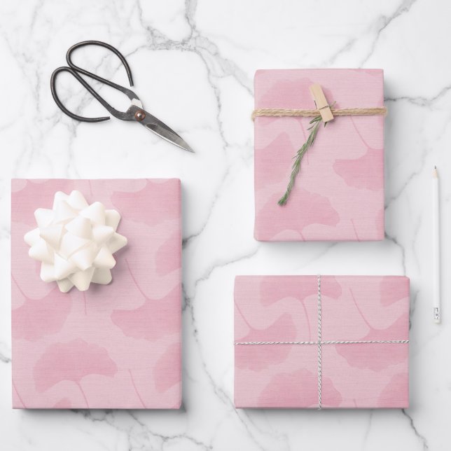 Linen Textured Pastel Pink & Rose Gingko Leaves Wrapping Paper Sheets (Front)