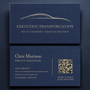 Linen Transport Car QR Code Navy Blue & Gold Business Card