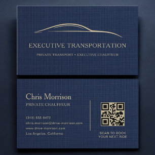 Linen Transport Car QR Code Navy Blue & Gold Business Card