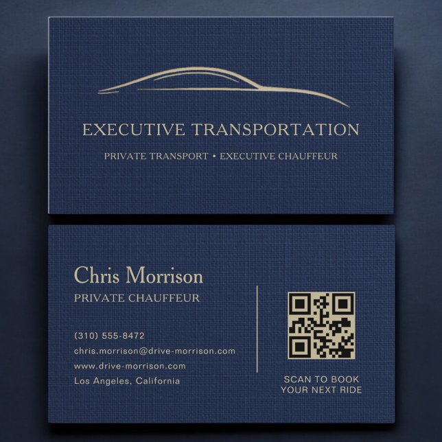 Linen Transport Car QR Code Navy Blue & Gold Business Card (Creator Uploaded)