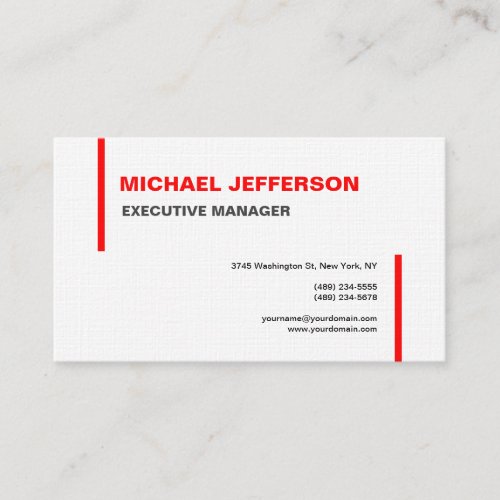 Linen Trendy Modern Elegant Simple Red White Business Card