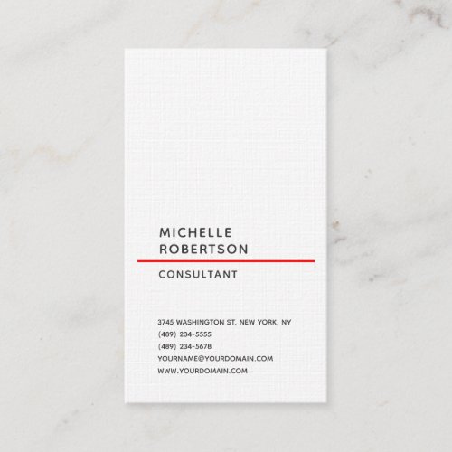 Linen Vertical Red White Trendy Minimalist Plain Business Card