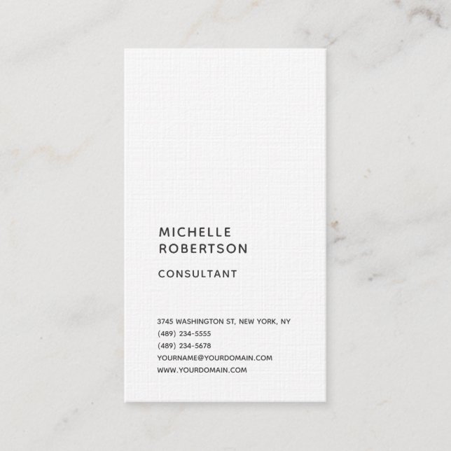 Linen Vertical White Trendy Minimalist Plain Pro Business Card (Front)