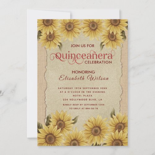 Linen vintage romantic sunflower Quinceaera  Invitation