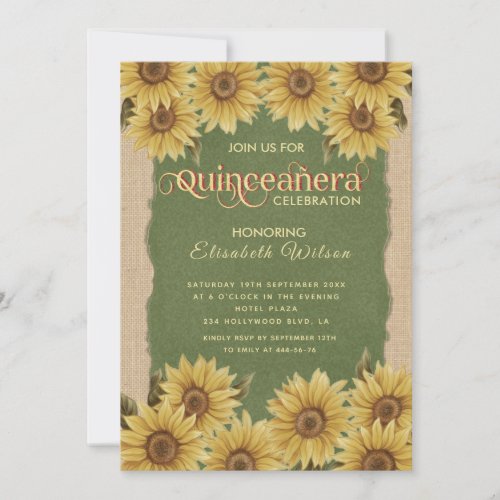 Linen vintage sunflower green Quinceaera Invitati Invitation