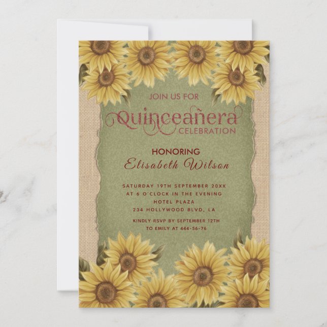 Linen vintage sunflower green Quinceañera Invitation (Front)