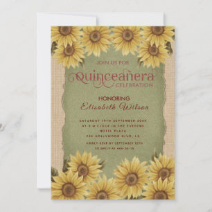 Linen vintage sunflower green Quinceañera Invitation