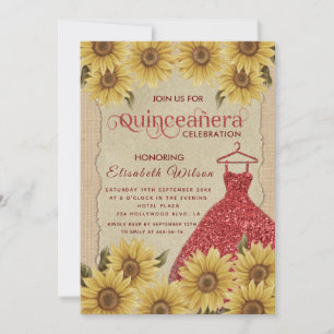 Linen vintage sunflower red dress Quinceañera In Invitation