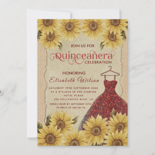 Linen vintage  sunflower red dress Quinceañera  Invitation