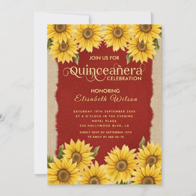 Linen vintage sunflower red  Quinceañera Invitation (Front)