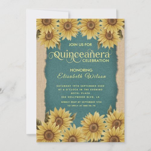 Linen vintage sunflower turquoise Quinceaera  Invitation