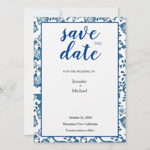Linen Wedding Floral Blue White Save Date Save The Date