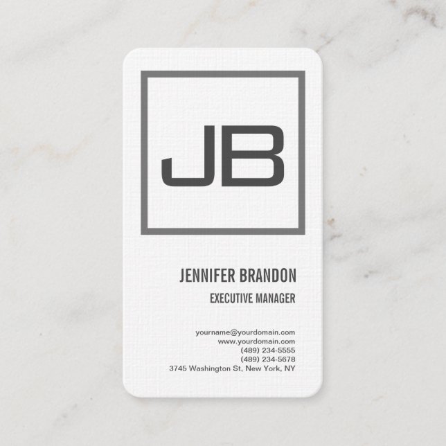Linen White Grey Monogram Minimalist Modern Plain Business Card (Front)