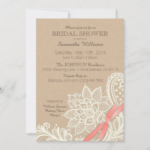 Linen White Lace and Coral Ribbon Bridal Shower Invitation