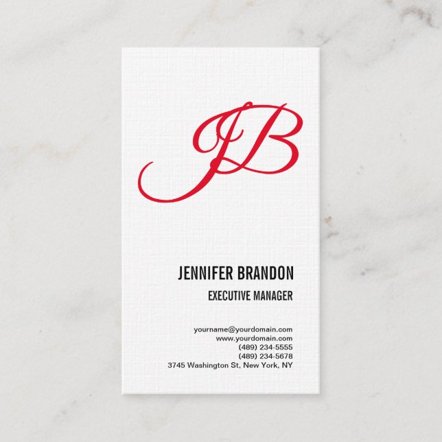 Linen White Red Handwriting Monogram Minimalist Business Card (Front)