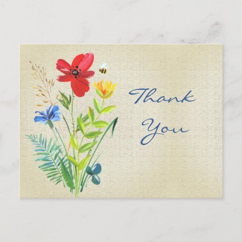 Linen with Painted Flower Bouquet Thank You Postcard