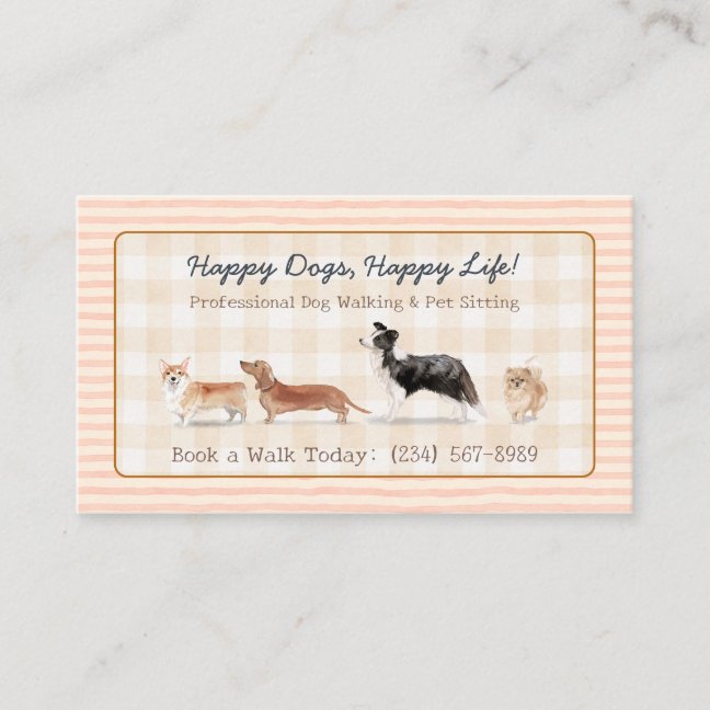 lines Brown Gingham Dog Walker Pet Sitting Business Card